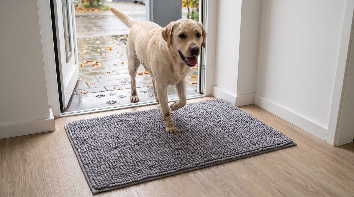Labrador läuft durch die offene Haustür auf die graue Tapsfrei Pfotenmatte