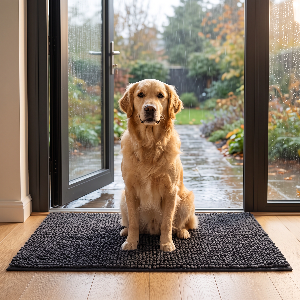 Golden Retriever sitzt auf der dunkelgrauen Tapsfrei Matte vor der offenen Haustür
