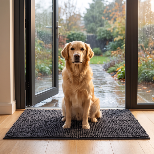 Golden Retriever sitzt auf der dunkelgrauen Tapsfrei Matte vor der offenen Haustür