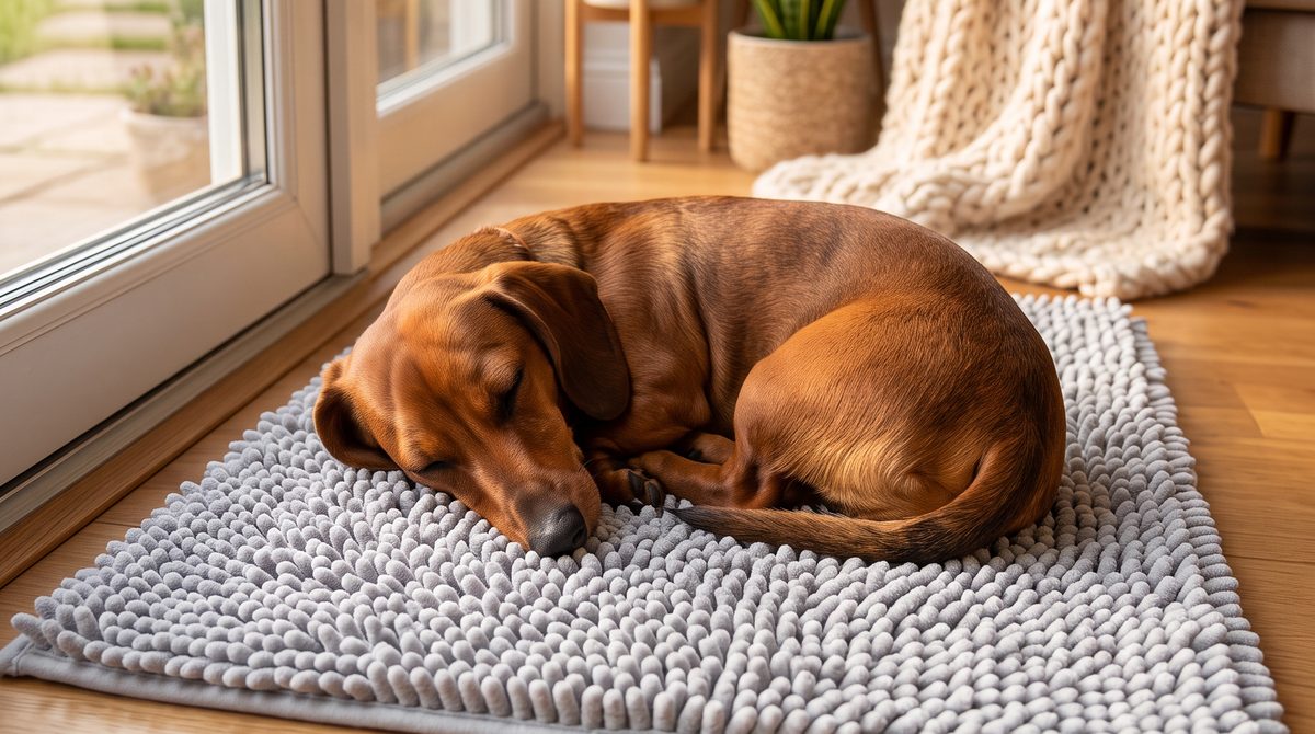 Dackel schläft auf der silbergrauen Tapsfrei Matte im Wohnzimmer