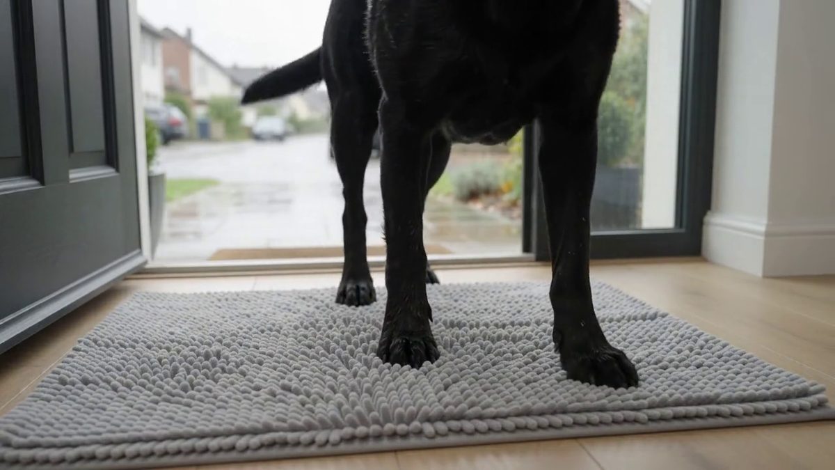Schwarzer Labrador tritt auf die Tapsfrei Pfotenmatte im Hauseingang